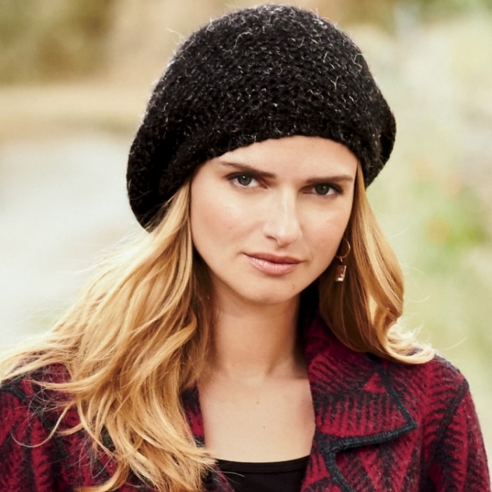 Peruvian Connection Textured Knit Beret Alpaca Wool Grey Black
